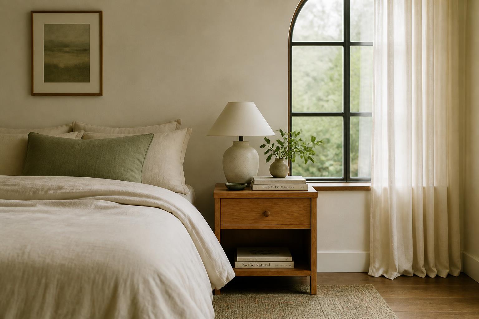 A calm, organized bedroom with soft morning light
