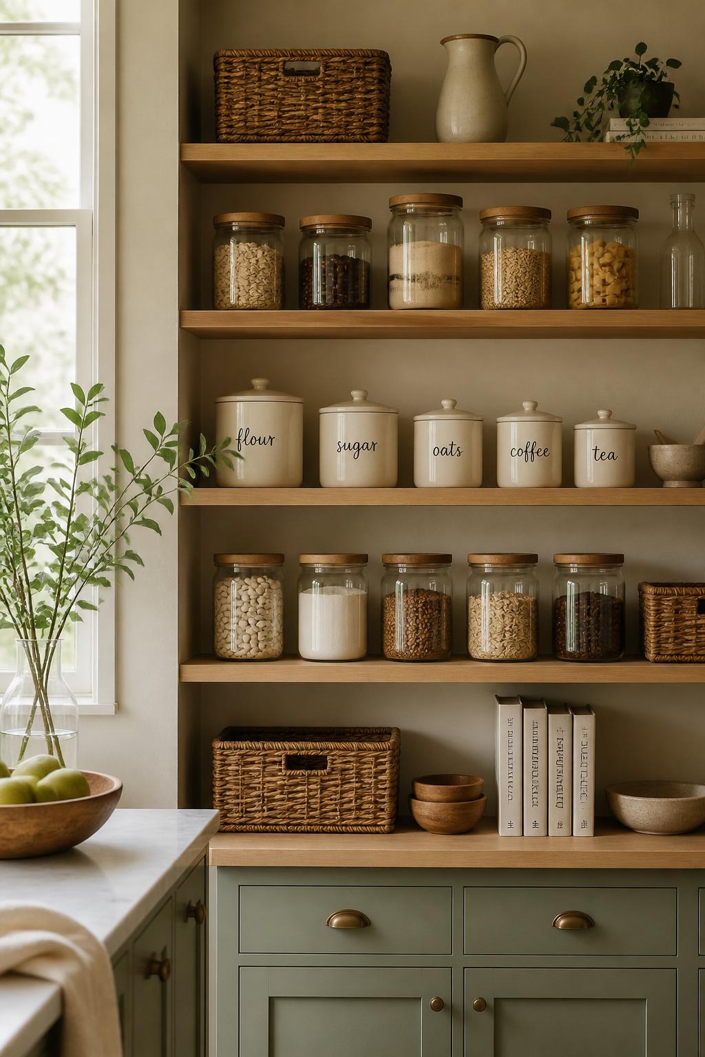 An organized pantry with labeled ceramic canisters and glass jars