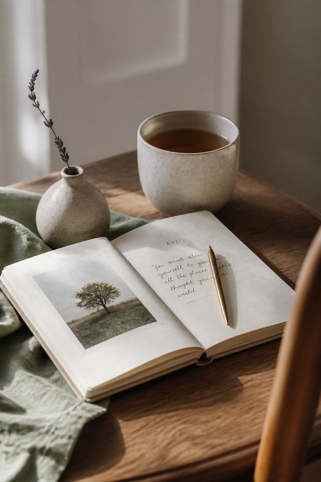 A quiet still life — tea, journal, lavender
