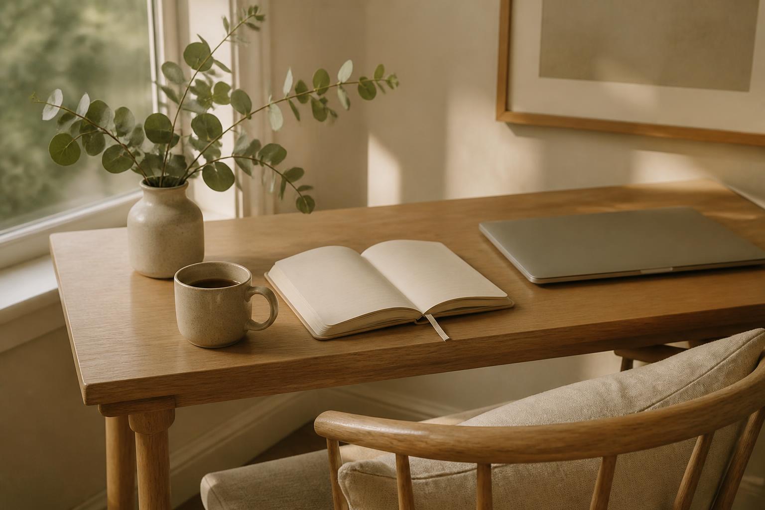 A calm minimalist workspace with eucalyptus, journal, and morning coffee